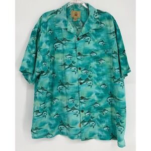 Joe Marlin Mens Teal Green Marlin Fish Print Cotton Hawaiian Shirt Short Sz 2X